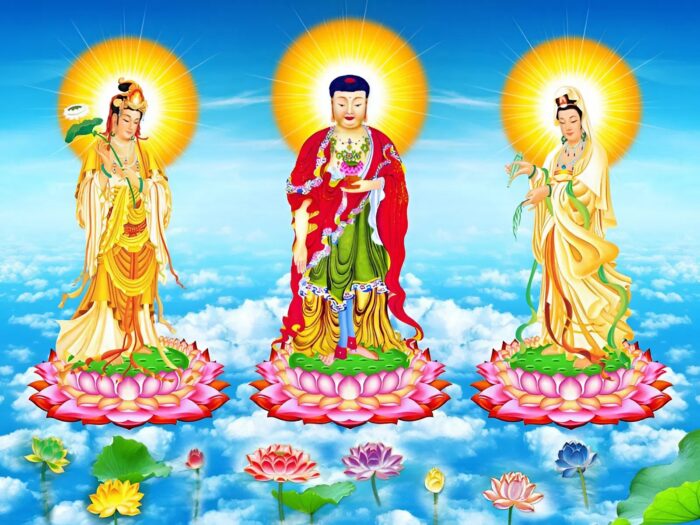Bố cục chuẩn mực của Tây Phương Tam Thánh: Phật A Di Đà ở trung tâm, Quan Thế Âm bên trái, Đại Thế Chí bên phải
