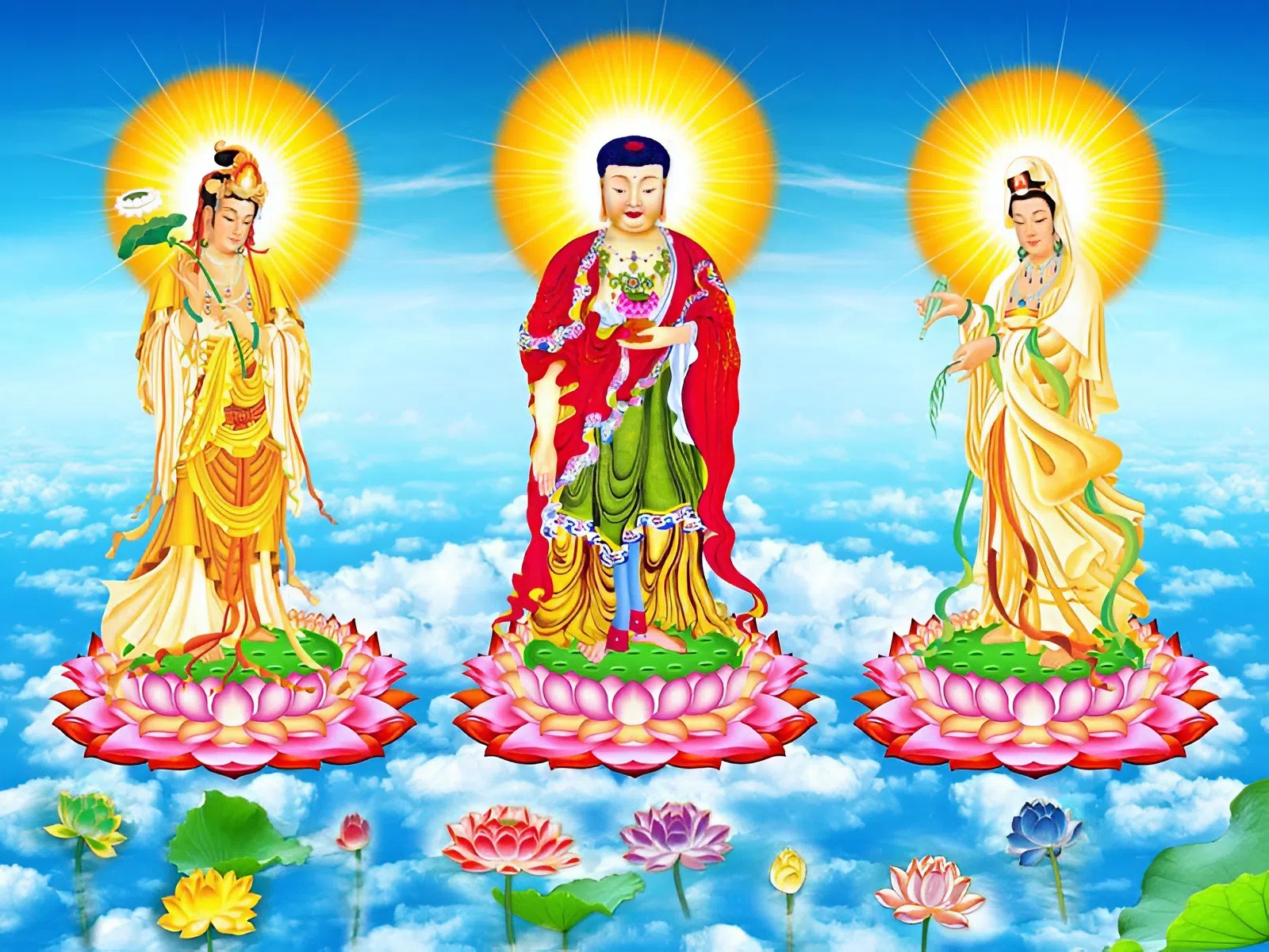 Tranh Tây Phương Tiếp Dẫn: Ý nghĩa, cách chọn và vị trí treo 1 Bố cục chuẩn mực của Tây Phương Tam Thánh: Phật A Di Đà ở trung tâm, Quan Thế Âm bên trái, Đại Thế Chí bên phải