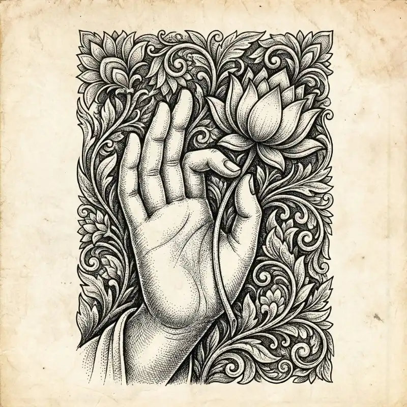 Tranh treo phòng thờ bàn tay Phật nâng niu đóa sen, tượng trưng sự giác ngộ, từ bi