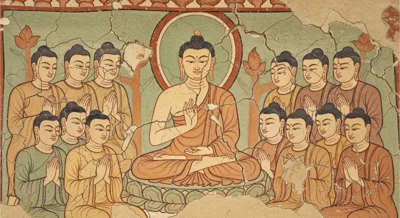 Tranh thờ Phật Thích Ca trang nghiêm tọa thiền, chư vị đệ tử thành kính vây quanh