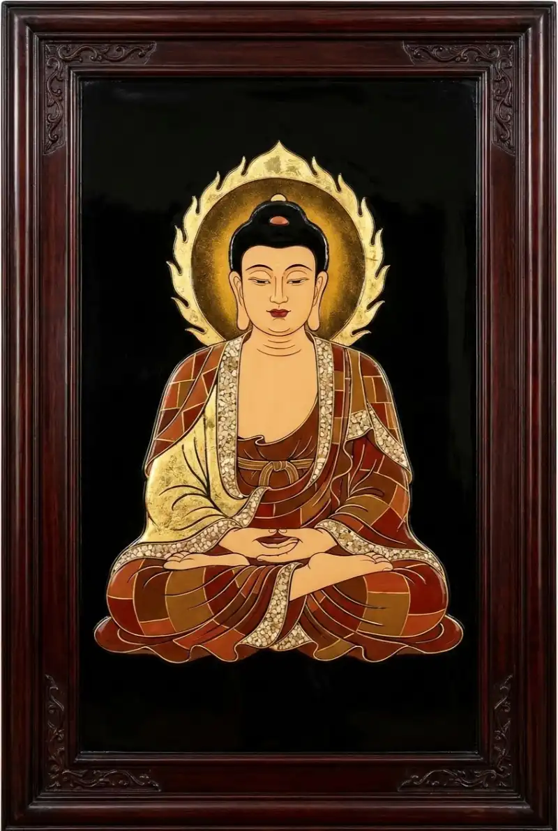 Tranh thờ Phật Tổ tỏa hào quang, an lạc từ bi, giác ngộ vô biên vĩnh hằng