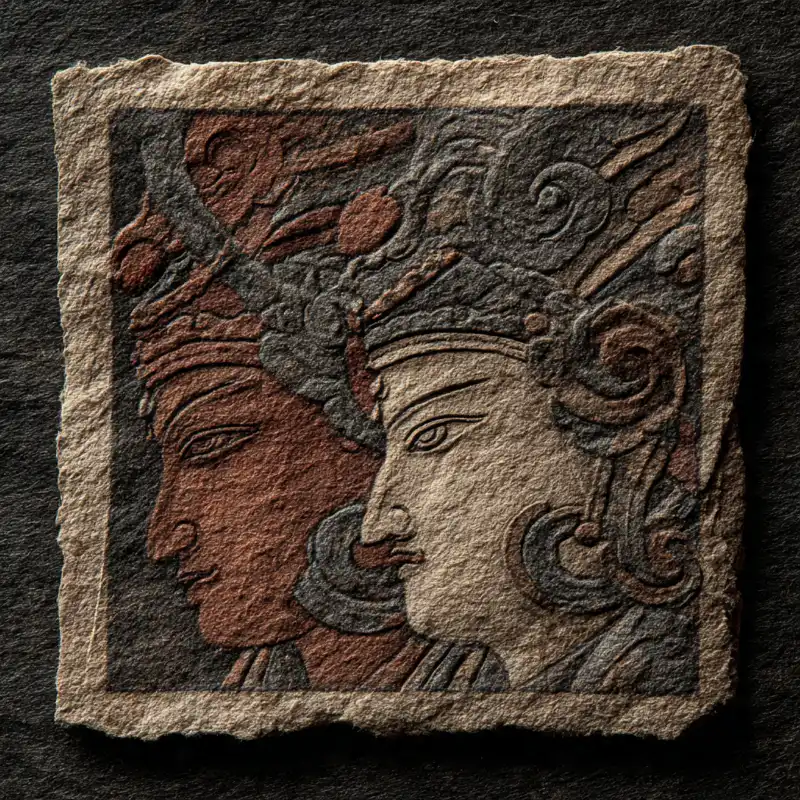 Tranh thờ phù điêu cổ với song tượng thần thoại, trầm mặc, khắc họa nét thời gian