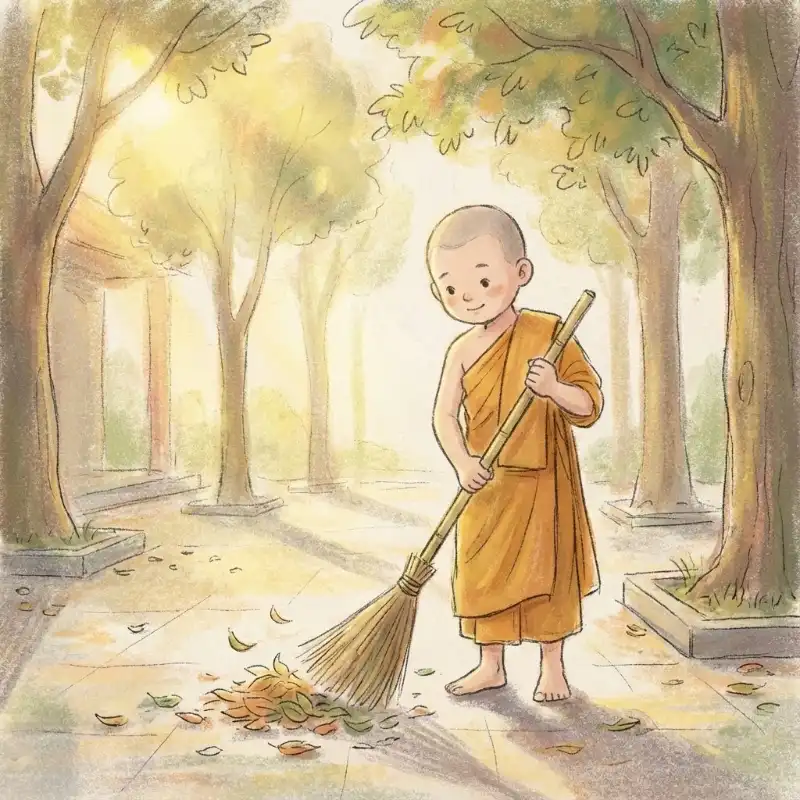 Tranh thờ tiểu hòa thượng cần mẫn quét lá, giữ gìn thanh tịnh chốn tự môn