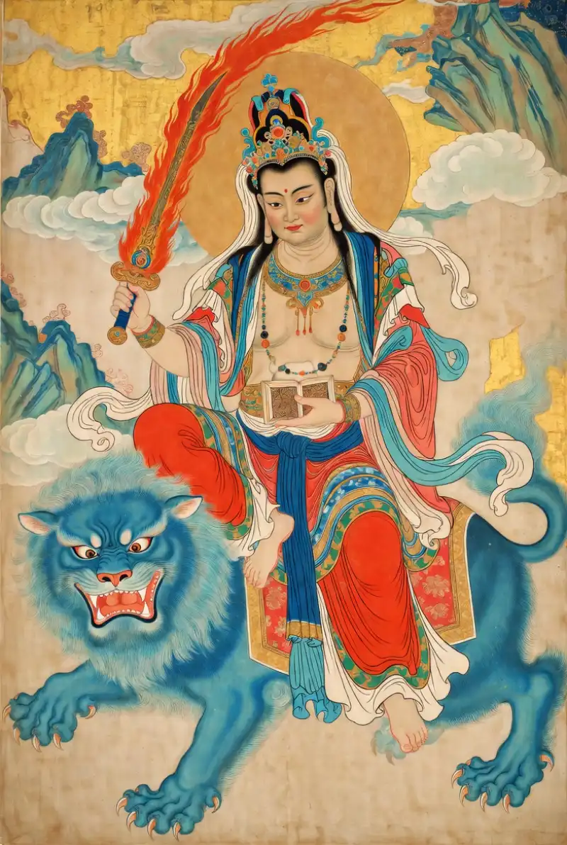 Tranh thờ Văn Thù Bồ Tát ngự tọa trên sư tử, tay cầm kiếm trí tuệ rực lửa