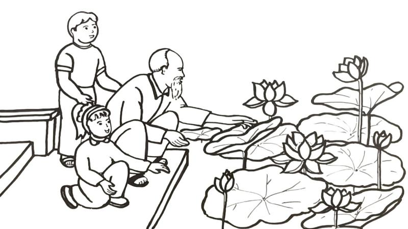 Tranh tô màu Bác Hồ bên hồ sen
