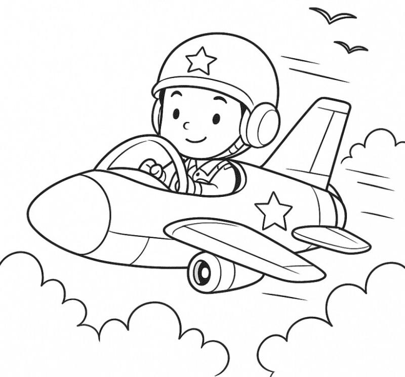 99+ tranh tô màu chú bộ đội – Rõ nét, ý nghĩa cho bé 11 Chú phi công nhỏ bay lượn trên bầu trời, khơi gợi ước mơ chinh phục.