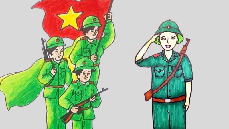 99+ tranh tô màu chú bộ đội – Rõ nét, ý nghĩa cho bé 3 Đoàn quân hiên ngang rước cờ Tổ quốc trong ánh mắt tự hào của người lính.