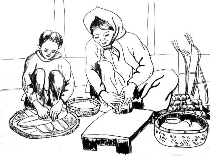 tranh to mau goi banh chung ngay tet 1