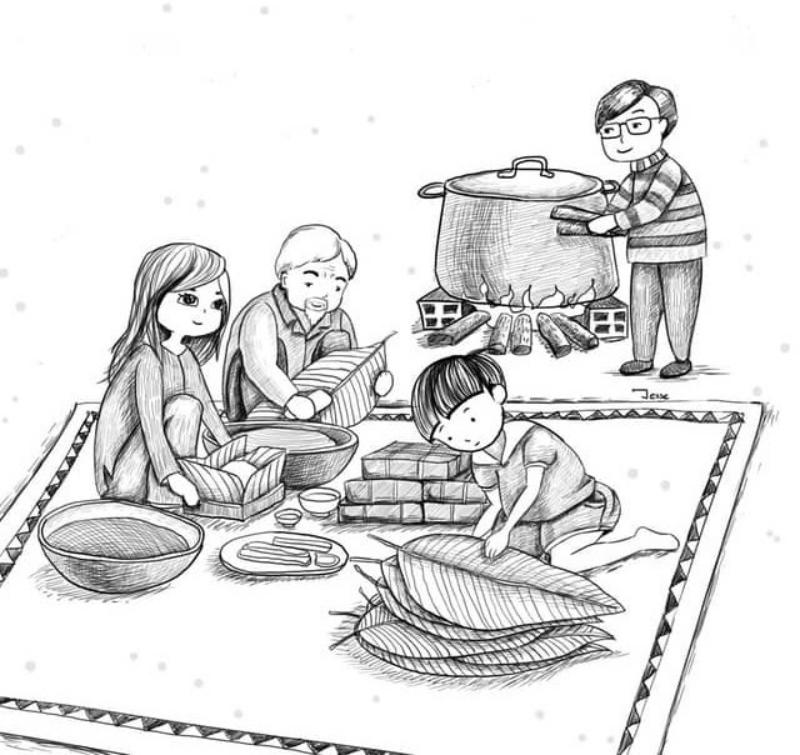 tranh to mau goi banh chung ngay tet 6