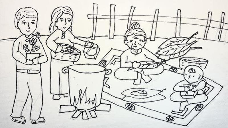 tranh to mau goi banh chung ngay tet 7