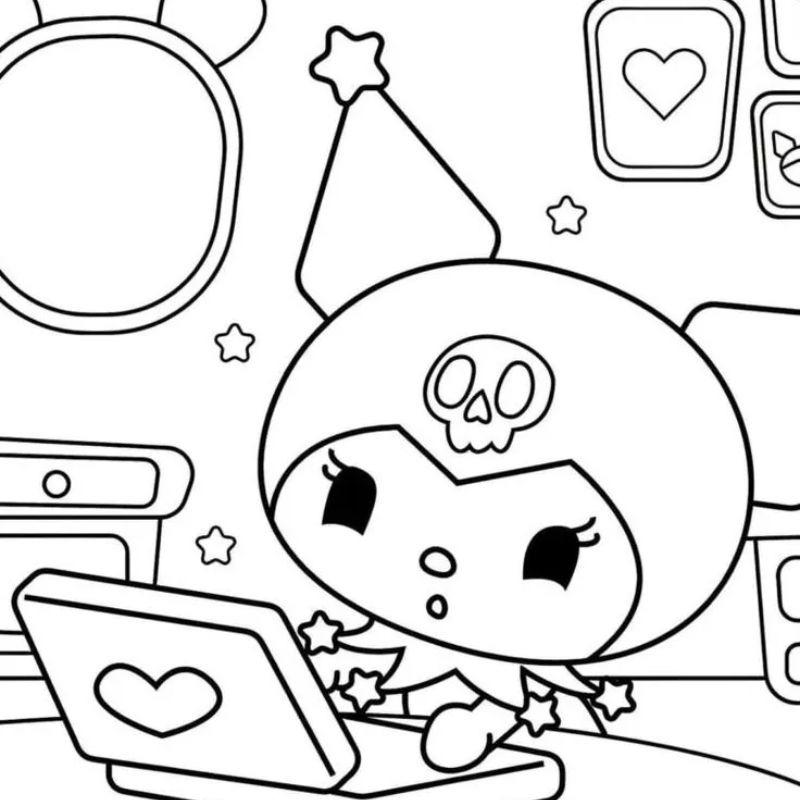 99+ mẫu tranh tô màu Kuromi đẹp, dễ tô, siêu đáng yêu 18 Kuromi đang tập trung làm việc, một mẫu tranh dễ thương cho bé luyện tính kiên nhẫn và khả năng quan sát chi tiết.