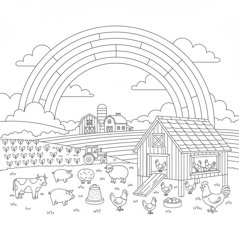 Tranh tô màu nông trại giúp bé khám phá thế giới thiên nhiên 5 Khung cảnh nông trại trù phú với cầu vồng, chuồng trại và đàn vật nuôi.