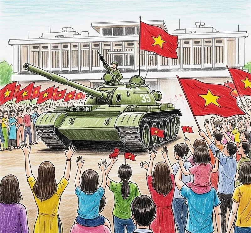 299+ Mẫu tranh tô màu xe tăng đẹp cho bé, tải miễn phí 14 Hình ảnh mang tính lịch sử, thể hiện xe tăng và chiến sĩ với lá cờ Việt Nam trong không khí chiến thắng