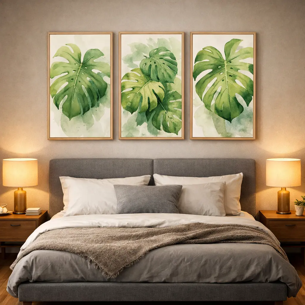 Tranh treo phòng ngủ bộ ba lá cây nhiệt đới xanh mát phong cách hiện đại