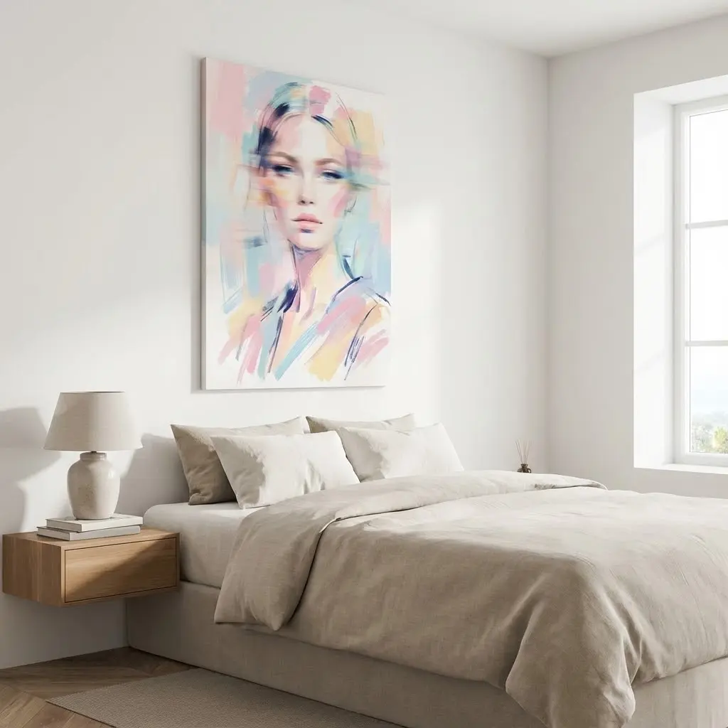 Tranh treo phòng ngủ chân dung cô gái nghệ thuật trừu tượng gam màu pastel lãng mạn