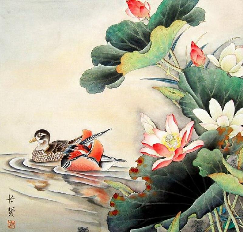 Tranh đôi chim uyên ương – Biểu tượng hạnh phúc lứa đôi 7 Tranh đôi chim uyên ương (vịt uyên ương) kết hợp hoa sen mang ý nghĩa cầu chúc vợ chồng sớm có con, gia đình thêm đông đủ, hạnh phúc