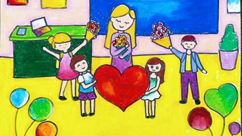 Vẽ tranh 8/3 đẹp và ý nghĩa dành tặng mẹ và cô giáo 17 Niềm vui của thầy trò lan tỏa, thể hiện qua màu sắc tươi sáng và hình ảnh trái tim