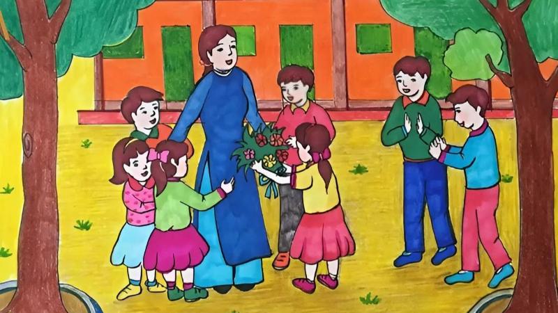 Vẽ tranh 8/3 đẹp và ý nghĩa dành tặng mẹ và cô giáo 18 Khung cảnh sân trường rợp bóng cây nơi cô và trò cùng nhau chia sẻ những khoảnh khắc đẹp