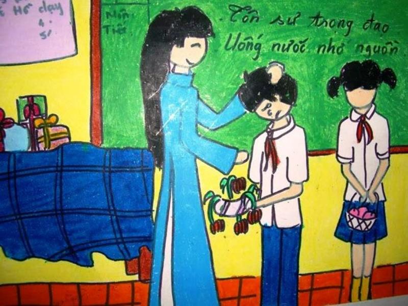 Vẽ tranh 8/3 đẹp và ý nghĩa dành tặng mẹ và cô giáo 19 Tấm lòng người thầy dành cho học trò được thể hiện qua cử chỉ ân cần, yêu thương