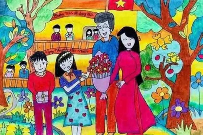 Vẽ tranh 8/3 đẹp và ý nghĩa dành tặng mẹ và cô giáo 21 Khung cảnh tươi vui ở trường học nơi tình thầy trò luôn được vun đắp