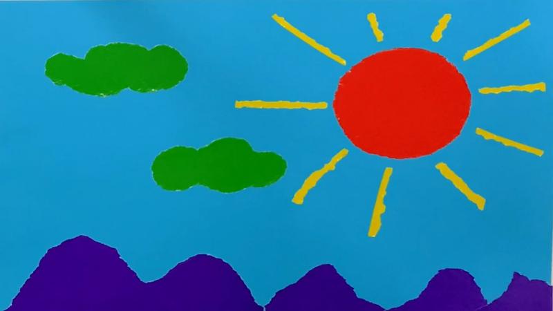 Mẫu tranh xé dán mặt trời và đám mây không đòi hỏi độ chính xác cao, giúp trẻ nhỏ cảm nhận tốt về màu sắc và hình dạng