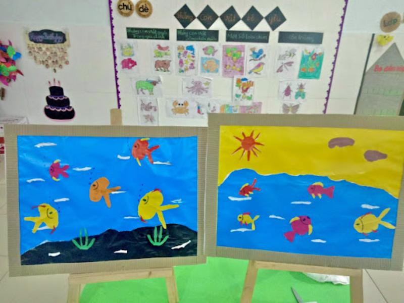 Mẫu tranh xé dán hình con cá đơn giản, sinh động phù hợp cho trẻ nhỏ làm quen với hình khối cơ bản