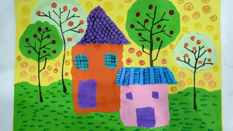 Mẫu ngôi nhà này rất dễ thực hiện, giúp trẻ nhận biết hình khối cơ bản và phát triển khả năng bố cục tranh theo ý thích.