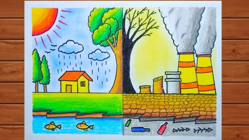 Vẽ tranh biến đổi khí hậu: Ý nghĩa, chủ đề & thông điệp xanh 6 Bức vẽ tranh biến đổi khí hậu này đối lập rõ rệt giữa môi trường trong lành và môi trường bị ô nhiễm nặng nề do khói bụi, đốn cây và rác thải
