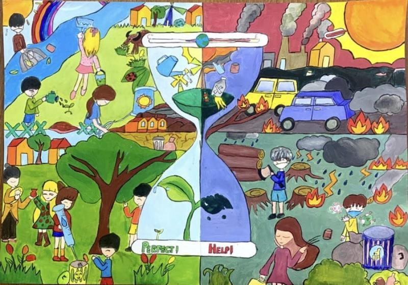 Vẽ tranh biến đổi khí hậu: Ý nghĩa, chủ đề & thông điệp xanh 5 Hình ảnh đồng hồ cát trong tác phẩm vẽ tranh biến đổi khí hậu tượng trưng cho việc thời gian đang cạn dần, nhắc nhở chúng ta về sự khẩn cấp của vấn đề môi trường và sự lựa chọn giữa hành động tích cực và thảm họa