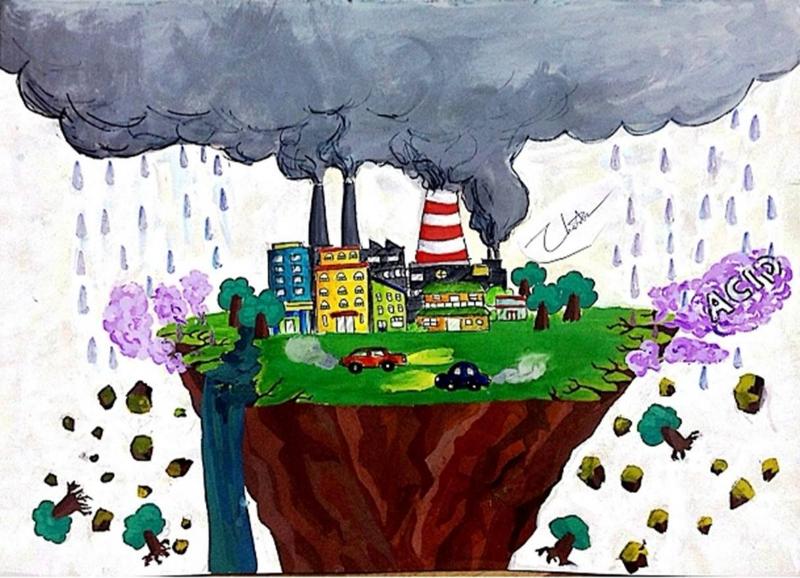 Vẽ tranh biến đổi khí hậu: Ý nghĩa, chủ đề & thông điệp xanh 15 Hình ảnh vẽ tranh biến đổi khí hậu minh họa mưa axit và ô nhiễm công nghiệp, cho thấy tác động của khói thải và phương tiện giao thông lên môi trường