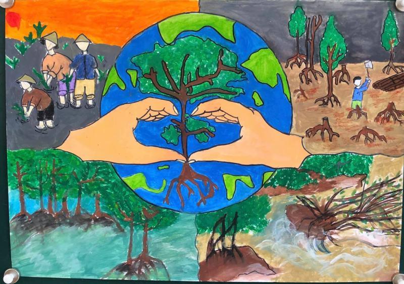 Vẽ tranh biến đổi khí hậu: Ý nghĩa, chủ đề & thông điệp xanh 4 Tác phẩm vẽ tranh biến đổi khí hậu thể hiện sự đối lập giữa việc bảo vệ rừng ngập mặn và hậu quả tàn phá môi trường, kêu gọi hành động vì một tương lai bền vững