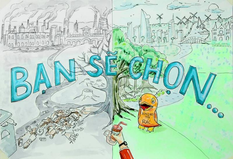 Vẽ tranh biến đổi khí hậu: Ý nghĩa, chủ đề & thông điệp xanh 8 Đây là một ví dụ sinh động về vẽ tranh biến đổi khí hậu theo chủ đề đối lập, đặt ra lựa chọn cho người xem giữa cảnh quan ô nhiễm và một tương lai xanh, sạch hơn