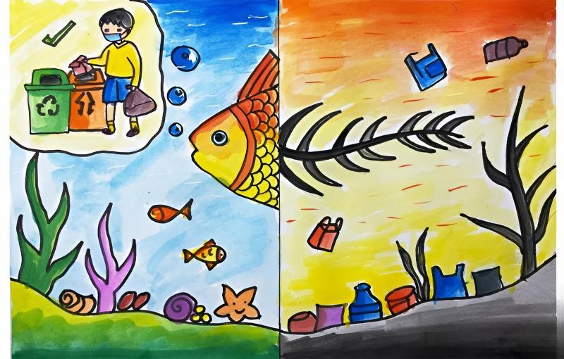 Vẽ tranh biến đổi khí hậu: Ý nghĩa, chủ đề & thông điệp xanh 21 Tác phẩm vẽ tranh biến đổi khí hậu về môi trường nước này đối chiếu giữa một dòng sông trong lành, đầy sức sống và một dòng sông bị ô nhiễm trầm trọng