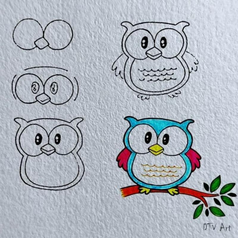 Vẽ con vật đơn giản: 30 mẫu dễ thương cho bé tập vẽ tại nhà 49 Vẽ con cú đơn giản