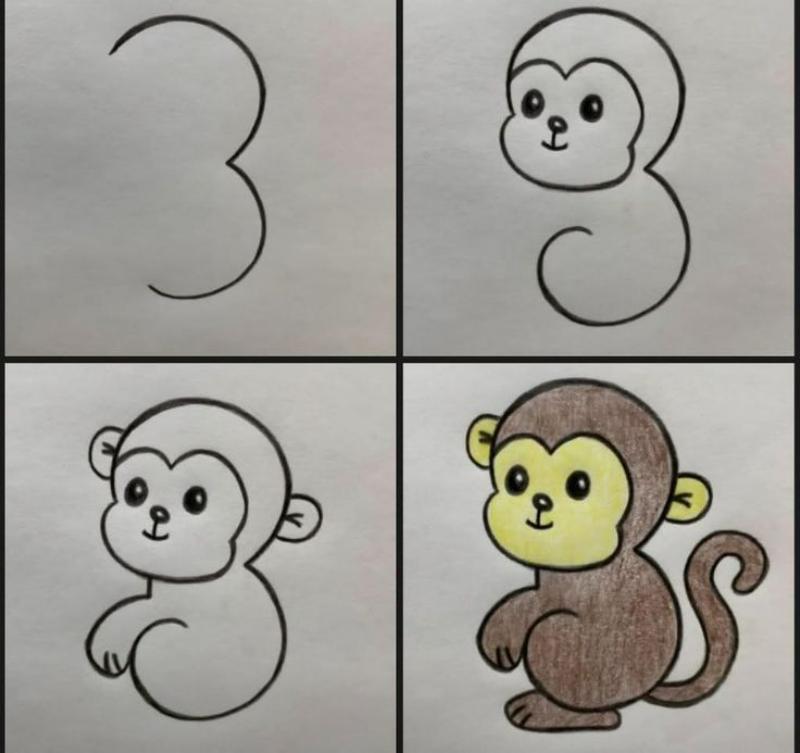 Vẽ con vật đơn giản: 30 mẫu dễ thương cho bé tập vẽ tại nhà 52 Vẽ con khỉ đơn giản