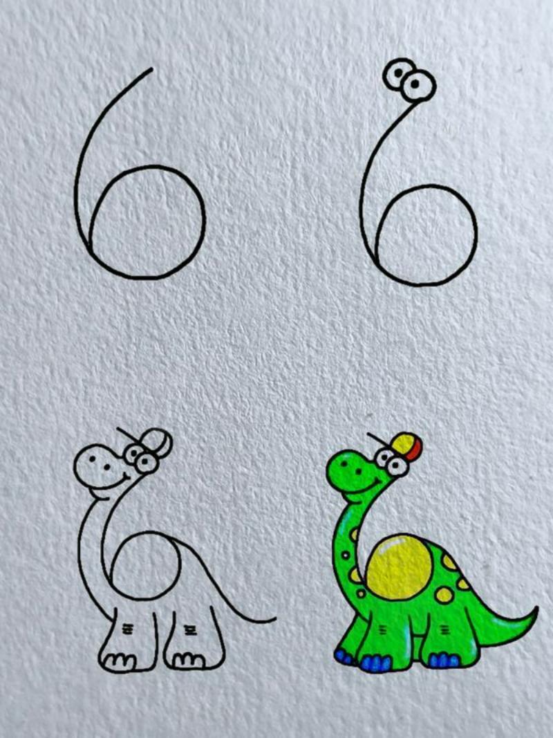 Vẽ con vật đơn giản: 30 mẫu dễ thương cho bé tập vẽ tại nhà 56 Vẽ con khủng long đơn giản
