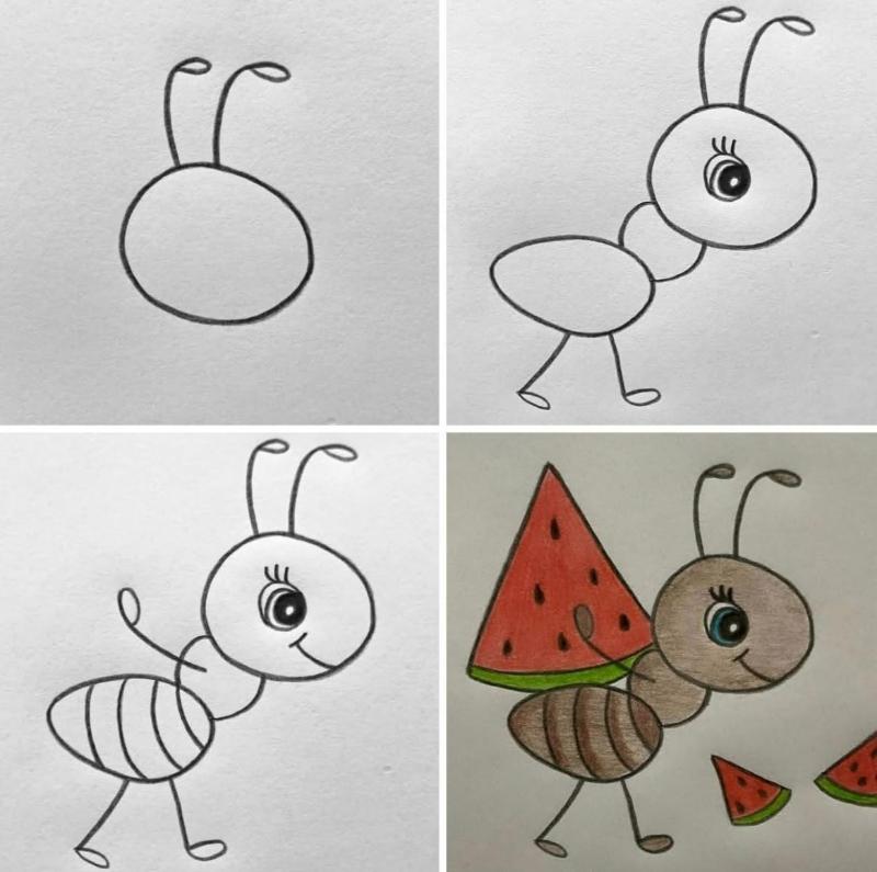 Vẽ con vật đơn giản: 30 mẫu dễ thương cho bé tập vẽ tại nhà 44 Vẽ con kiến đơn giản