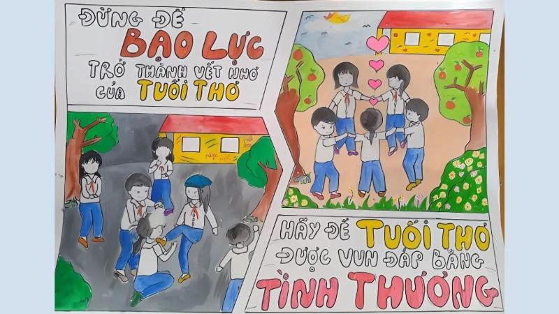 Hướng dẫn vẽ tranh áp phích đẹp, dễ hiểu và thuyết phục 6 Áp phích đối lập hai khung cảnh bạo lực và yêu thương, lan tỏa thông điệp về một môi trường học đường an toàn, nhân ái