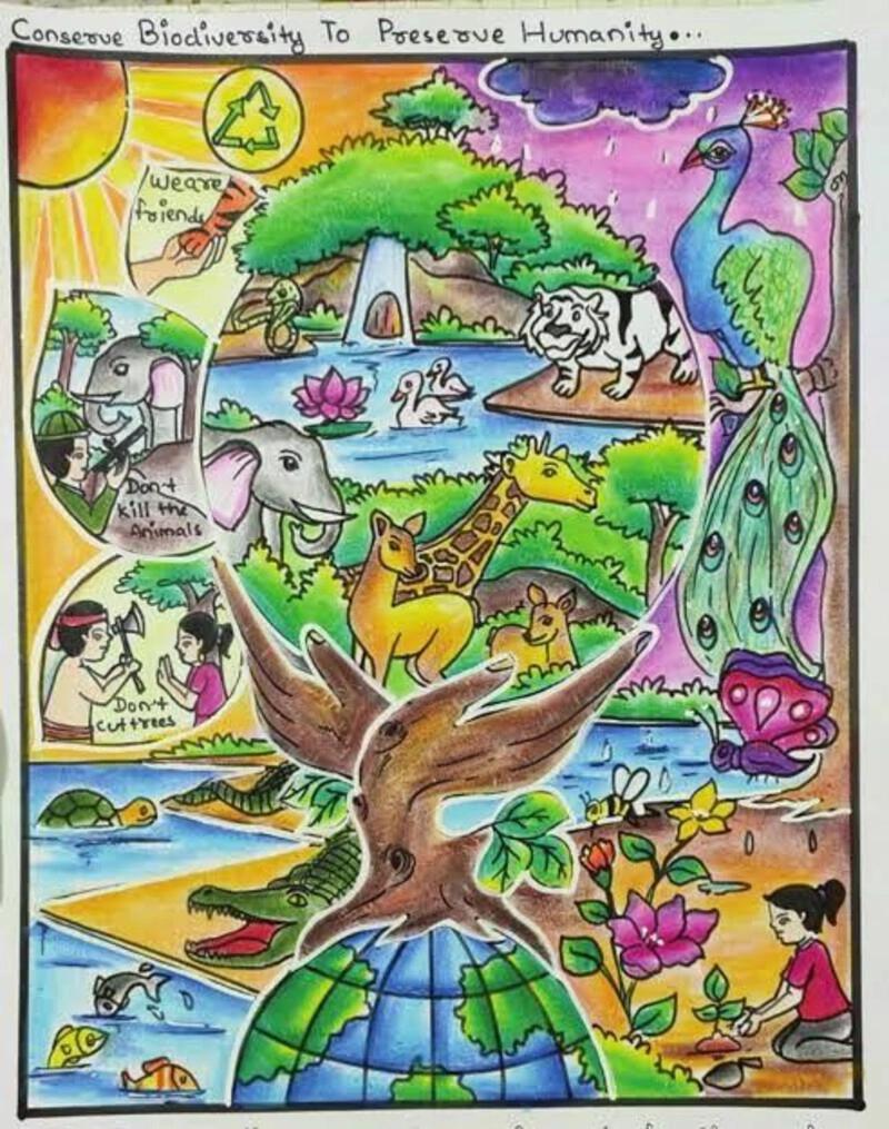 Vẽ tranh biến đổi khí hậu: Ý nghĩa, chủ đề & thông điệp xanh 10 Chủ đề bảo tồn đa dạng sinh học được thể hiện qua tác phẩm vẽ tranh biến đổi khí hậu này, kêu gọi mọi người không săn bắt động vật và không chặt cây để giữ gìn sự sống