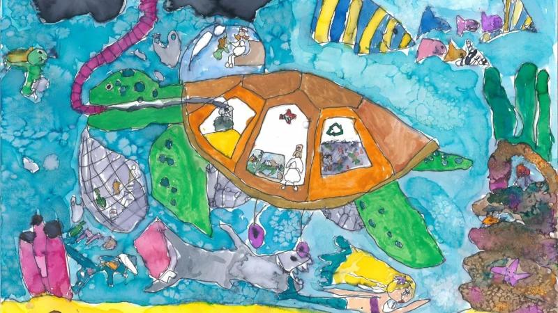 Vẽ tranh bảo vệ động vật hoang dã ý nghĩa và truyền cảm hứng 11 Rùa biển đang bơi trong môi trường bị ô nhiễm rác thải - Hãy cứu lấy đại dương