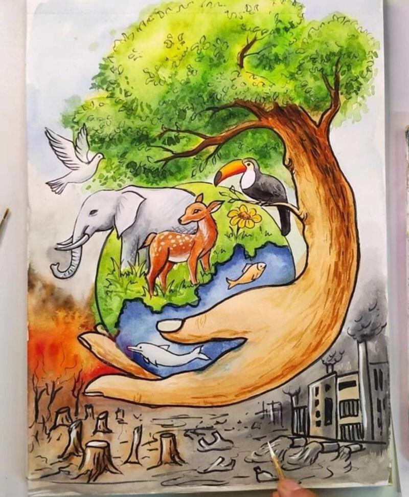 Vẽ tranh biến đổi khí hậu: Ý nghĩa, chủ đề & thông điệp xanh 11 Tác phẩm vẽ tranh biến đổi khí hậu này thể hiện rõ hậu quả của hành động con người như phá rừng và ô nhiễm, đe dọa sự sống của các loài động vật và hệ sinh thái