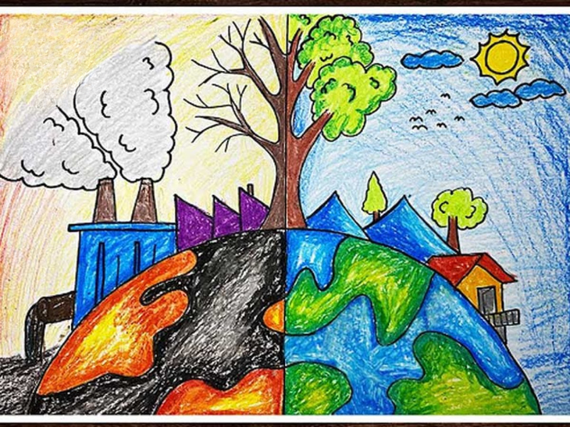 Vẽ tranh biến đổi khí hậu: Ý nghĩa, chủ đề & thông điệp xanh 16 Bức vẽ tranh biến đổi khí hậu sử dụng phép đối lập giữa ô nhiễm, tàn phá và môi trường sạch, nhắc nhở về tầm quan trọng của việc bảo vệ cây xanh