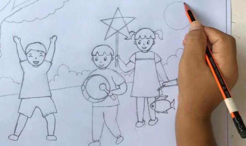 Hướng dẫn vẽ tranh trung thu đẹp và sáng tạo 7 Vẽ tranh tranh thu bé rước đèn vui nhộn