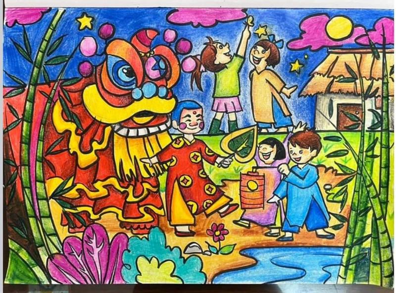 Hướng dẫn vẽ tranh trung thu đẹp và sáng tạo 8 Vẽ tranh trung thu phong cảnh làng quê