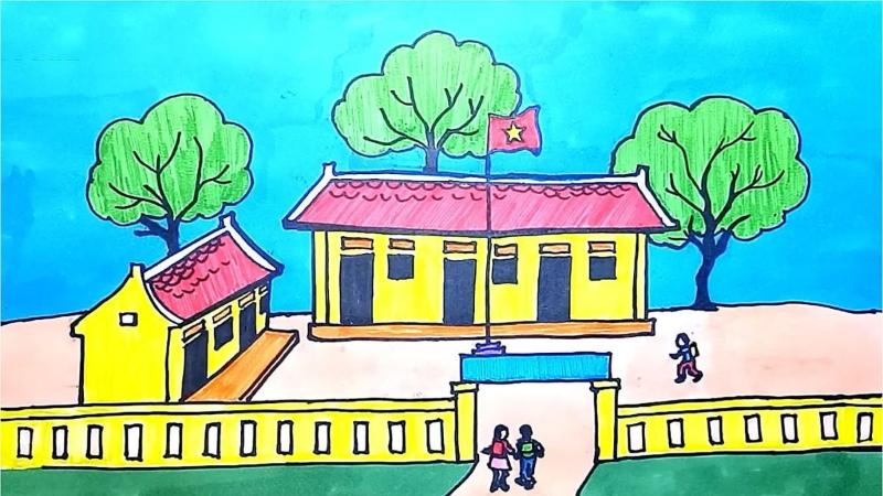 Ngôi trường thân yêu với hàng cây xanh mát và lá cờ đỏ sao vàng tung bay
