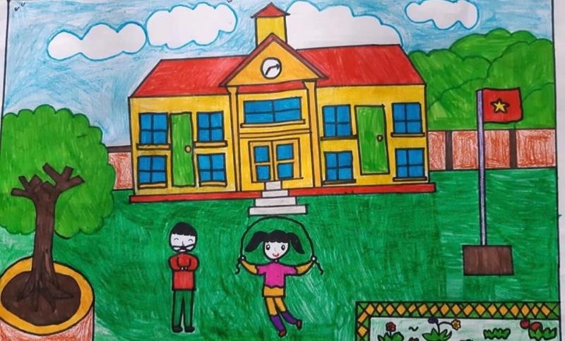 Đôi bạn cùng chơi nhảy dây ở góc sân trường