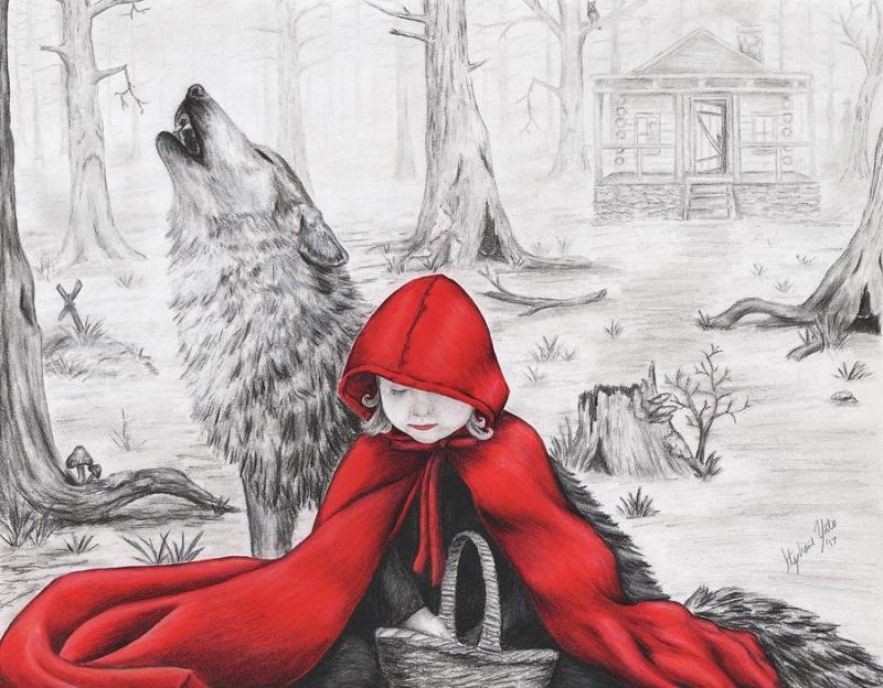 Vẽ truyện cổ tích đơn giản đẹp và sáng tạo cho học sinh 13 Cô bé quàng khăn đỏ đối diện với con sói gian xảo trong khu rừng u ám, câu chuyện cảnh báo về sự cảnh giác.