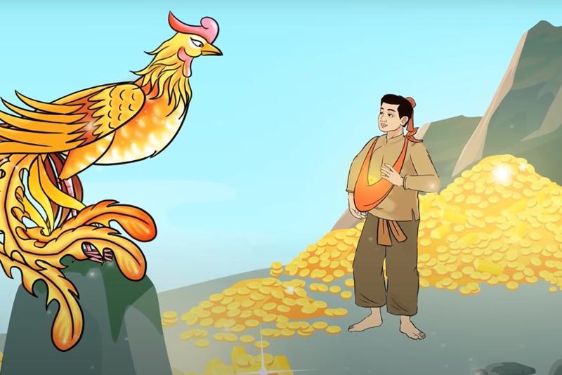 Vẽ truyện cổ tích đơn giản đẹp và sáng tạo cho học sinh 14 Người em thật thà được Chim Phượng hoàng đưa đến núi vàng, phần thưởng xứng đáng cho lòng nhân ái.