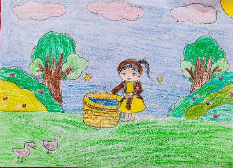 Vẽ truyện cổ tích đơn giản đẹp và sáng tạo cho học sinh 15 Hình ảnh Tấm cho cá Bống ăn