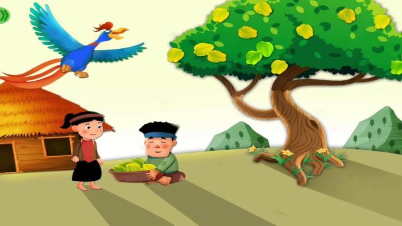 Vẽ truyện cổ tích đơn giản đẹp và sáng tạo cho học sinh 4 Trả ơn người tốt, Chim thần mang trái khế và vàng đến cho người em trung thực.